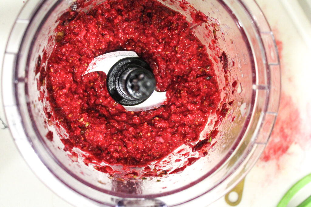 Pulsed beet bright pink pesto almost done being blended!