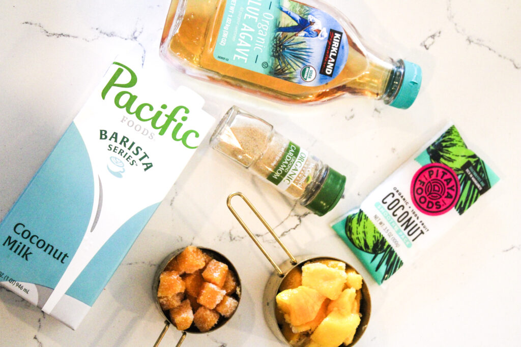 Ingredients laid out for the passionfruit coconut smoothie.