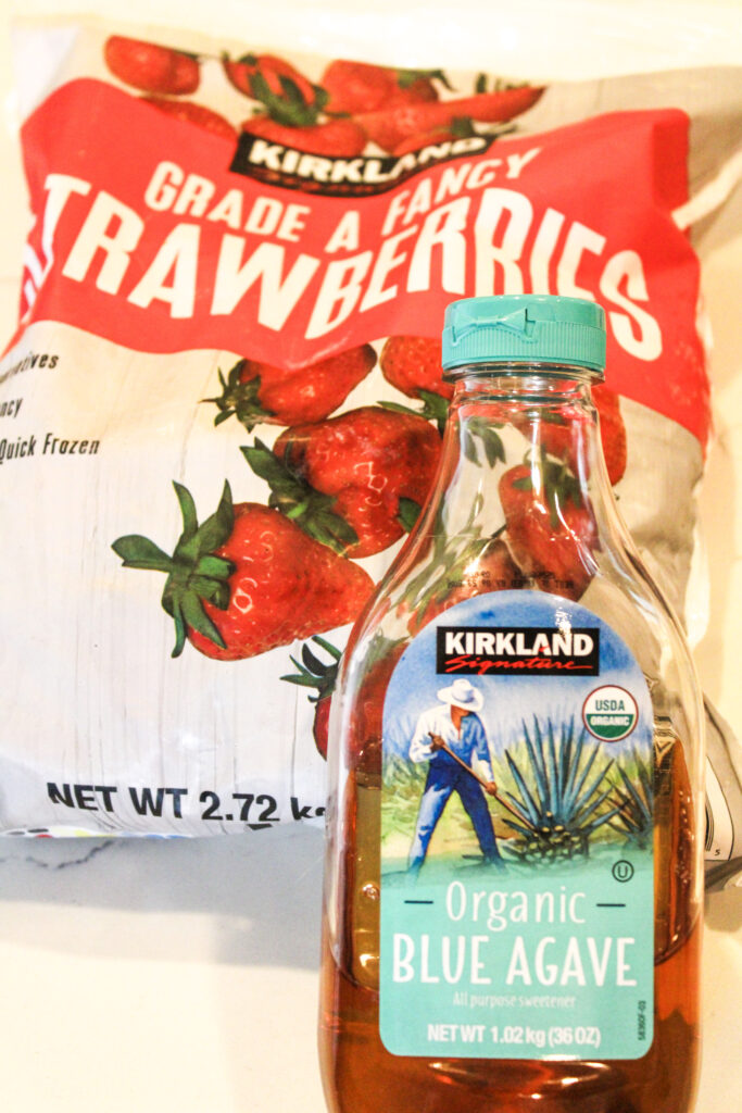 A frozen strawberry bag and agave container.