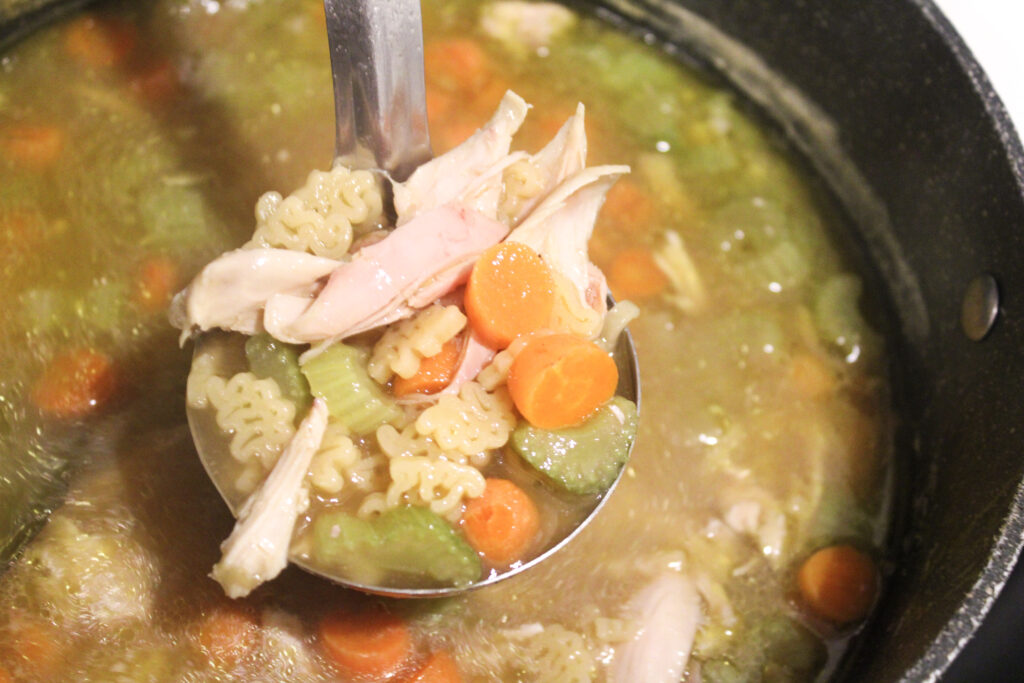 A ladel full of chicken noodle dino soup.