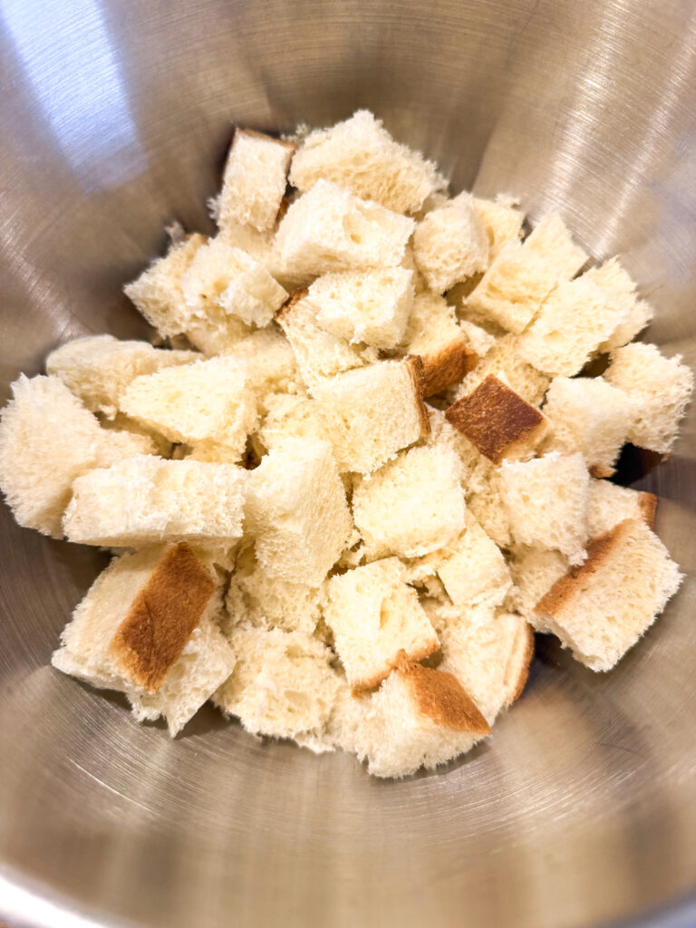 Cubed brad in a silver bowl