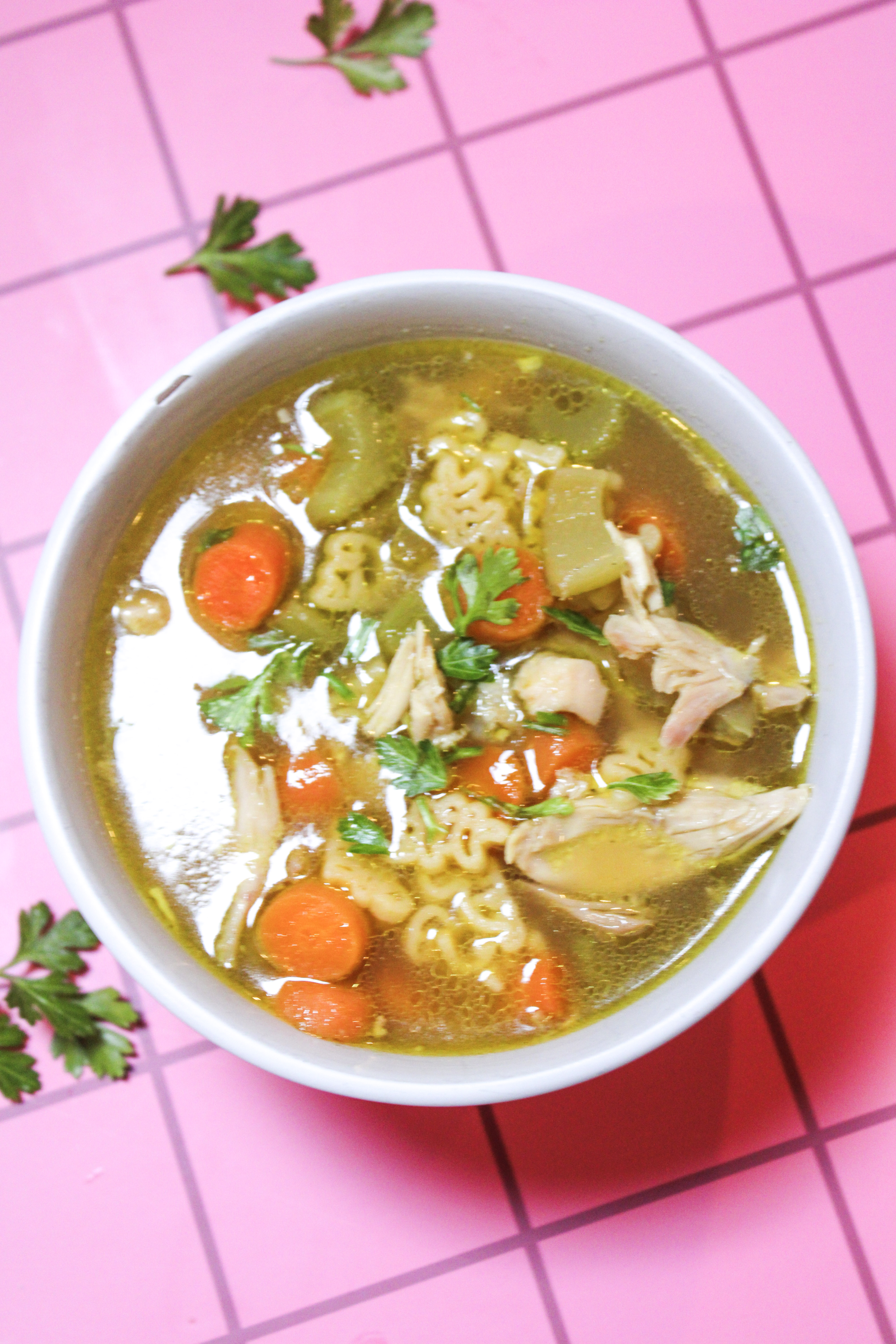 Dino chicken noodle soup on a pink checkered back ground.